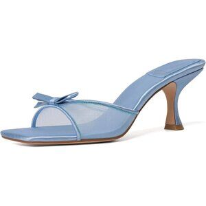 Women's Blue Round Toe Heels With Bow Vintage Mules Sexy Slip on Stiletto